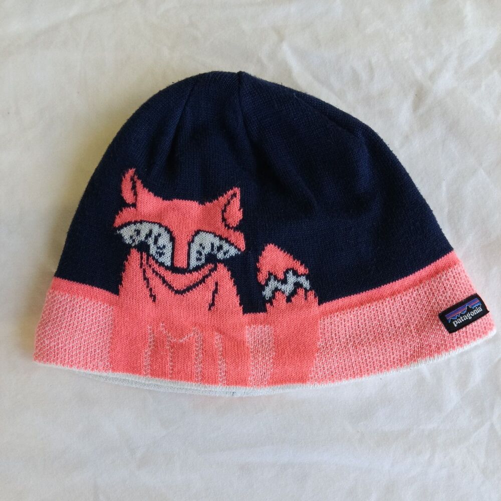 Patagoinia Fleece Hat/Bennie, Fox Cat-Graphic Print Pink Blue White Sz Small